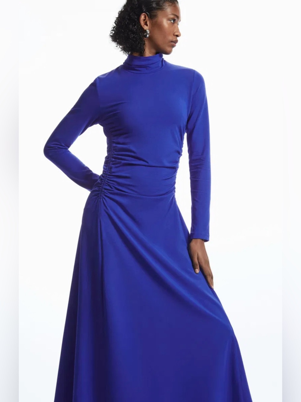 COS High-Neck Gathered Midi Dress in Cobalt Blue